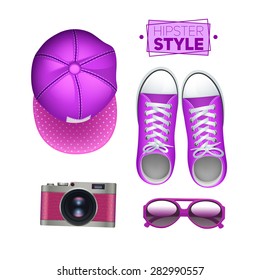 Girl hipster accessories set with gumshoes cap photo camera and sunglasses isolated vector illustration