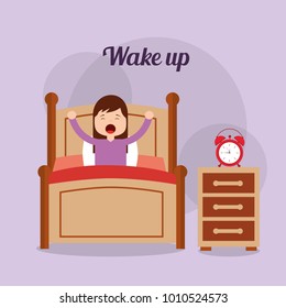 girl in his bed with clock bedside table wake up