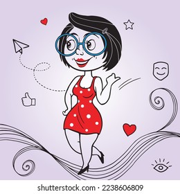 A Girl hitchhiking in a cartoon style.