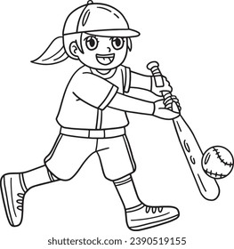 Girl Hitting Baseball Isolated Coloring Page 