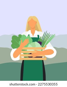 Girl hold basket vegetables on the background of the field. Vector illustration in cartoon style.