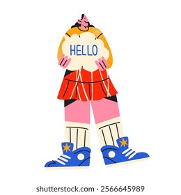 Girl hold bubble sign bubble speech in hands. Cartoon character holding blank banner, texting, talking, discussing, protesting, demonstrating. Vector doodle groovy comic mascot