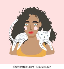 Girl hold a cat in her arms. 
Love for pets. Hand drawn trendy vector flat illustration.  Design for banner, card, placard, brochure.