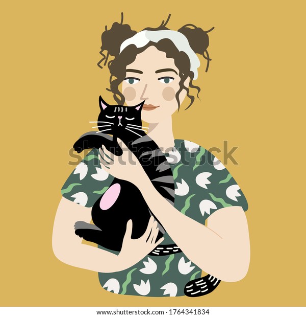 Girl Hold Cat Her Arms Love Stock Vector (Royalty Free) 1764341834 ...