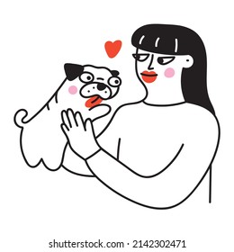 Girl hold cute pug. Vector outline illustration.