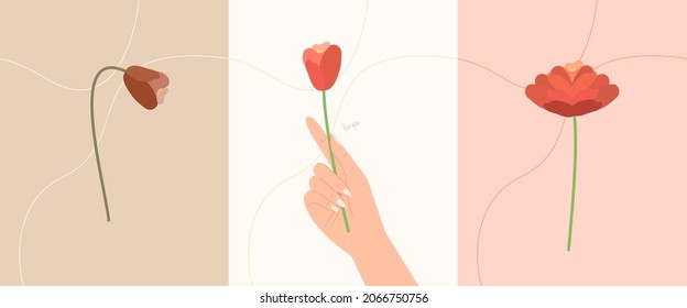 Girl hold flower in beautiful hand. Wilted flower, blooming flower. Love, heart, broken concept. Valentine’s day illustration.