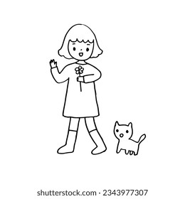 girl hold flower walk with cat, outline drawing style vector