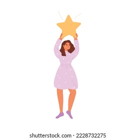 Girl hold golden rate star. Female client passing satisfaction survey after getting service or consumer buying product. Evaluation ranking for user opinion concept. Cartoon flat vector illustration