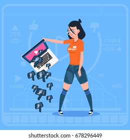 Girl Hold Laptop With Thumb Down Modern Video Blogger Vlog Creator Channel Dislike Flat Vector Illustration