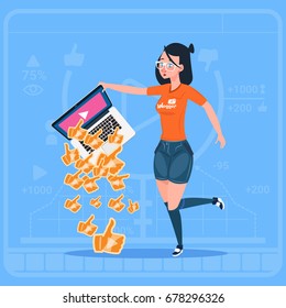 Girl Hold Laptop With Thumb Up Modern Video Blogger Vlog Creator Popular Channel Like Flat Vector Illustration