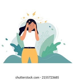 Girl Hold On To Her Head. Dizziness, Fatigue. Vector Flat Illustration.