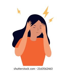 Girl hold on to her head. Dizziness, fatigue. Vector flat illustration.