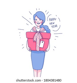 Girl hold present character. Doodle illustration.
