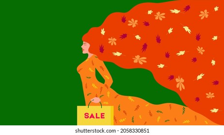 Girl hold a shopping bag. Wow smiling face vector illustration. Happy autumn sale banner for your design. Hello Autumn, fall season background. Black Friday.
