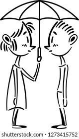 Girl hold an umbrella for boy. Couple under same umbrella.