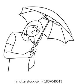 Girl hold umbrella. Vector line art illustration