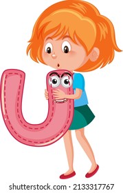 A girl holding alphabet letter on white background illustration