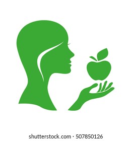 girl holding an apple in his hand vector  illustration EPS 10, abstract sign flat design,  modern isolated badge for website or app - stock info graphics