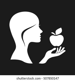 girl holding an apple in his hand vector  illustration EPS 10, abstract sign flat design,  modern isolated badge for website or app - stock info graphics