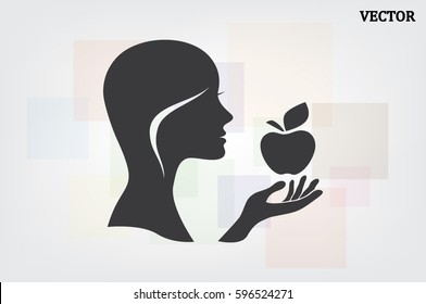girl holding an apple in his hand vector  illustration EPS 10, abstract sign flat design,  modern isolated badge for website or app - stock info graphics