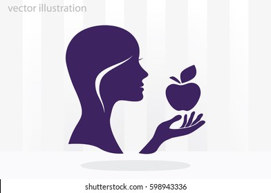 girl holding an apple in his hand vector  illustration EPS 10, abstract sign flat design,  modern isolated badge for website or app - stock info graphics