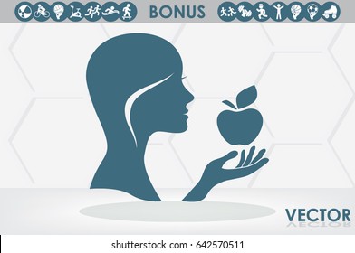 girl holding an apple in his hand vector  illustration EPS 10, abstract sign flat design,  modern isolated badge for website or app - stock info graphics