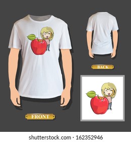 Girl holding apple printed on t-shirt. Vector design. 
