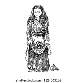 Girl holding apples in apron. Sketch. Engraving style. Vector illustration.