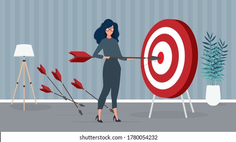 The girl is holding an arrow. The arrow hits the target. The concept of successful business, teamwork and achieving goals. Vector.