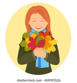 A girl is holding autumn leaves in her hands on a yellow round background.Maple leaves of different colors.Vector illustration