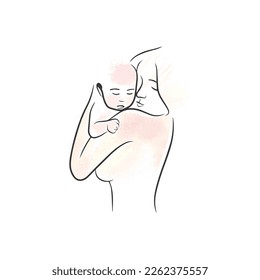Girl holding a baby in her arms, motherhood, banner decoration, vector watercolor illustration in doodle style