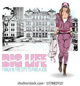A girl holding a backpack walking in the city looking for work. Vector Background