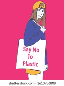 Girl is holding bag canvas fabric and has the word Say No To Plastic  on the bag. Vector image. Environmental illustrations 