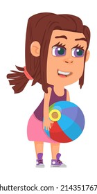 Girl holding ball. Smiling cute cartoon kid playing
