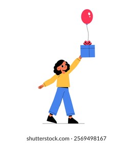 Girl Holding A Balloon With A Gift Box In Flat Vector Illustration Symbolizing Celebration, Joy, And Festive Spirit, Isolated On White Background