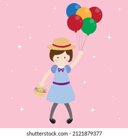 A girl holding balloons and a basket of easter eggs