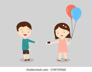 A Girl Holding Balloons And Giving A Piece Of Cake To A Boy. Party, Giving Or Sharing Concept. Children Learn To Share Each Other Some Food Or Toys And Enjoy Life Together. Cute Vector Flat Style.