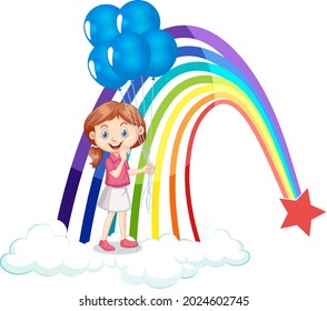A girl holding balloons with rainbow  illustration