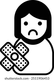 Uma garota está segurando um curativo na mão. Ela parece triste. Conceito de alguém que está ferido ou com dor