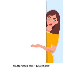Girl holding a banner ad. Template for advertising on a pure white background for any labels. Vector illustration of people in advertising