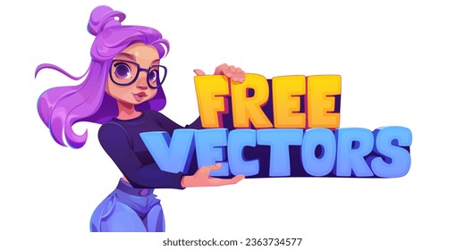 Girl holding banner for free vector promotion. Young woman character manager offer and showing sign in hand for promo deal. Isolated icon with company presentation for trial message special design.