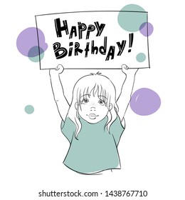 A girl holding banner with handwritten happy birthday text, vector