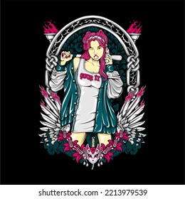 girl holding baseball bat illustration for t shirt design