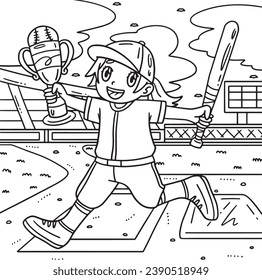 Girl Holding a Baseball Bat and Trophy Coloring 