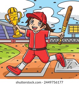 Girl Holding Baseball Bat and Trophy Illustration