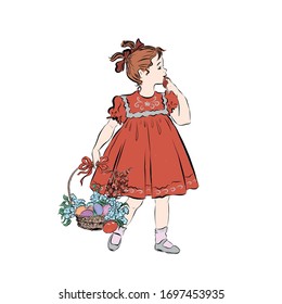 Girl holding a basket of easter eggs and flowers. Spring religious holiday. Vintage retro kid. Clip art. Hand drawn happy child in red dress. 