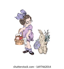 Girl holding a basket of Easter eggs and Easter cake. Religious spring holiday. Child in vintage clothing looks in pince-nez at a rabbit. Hand drawn retro clip art. 