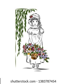 Girl holding a basket of flowers. Lady in vintage style from the nineteenth century.