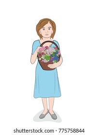 the girl is holding a basket of flowers. vector illustration.