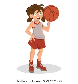 girl holding a basketball, child playing sport. vector illustration